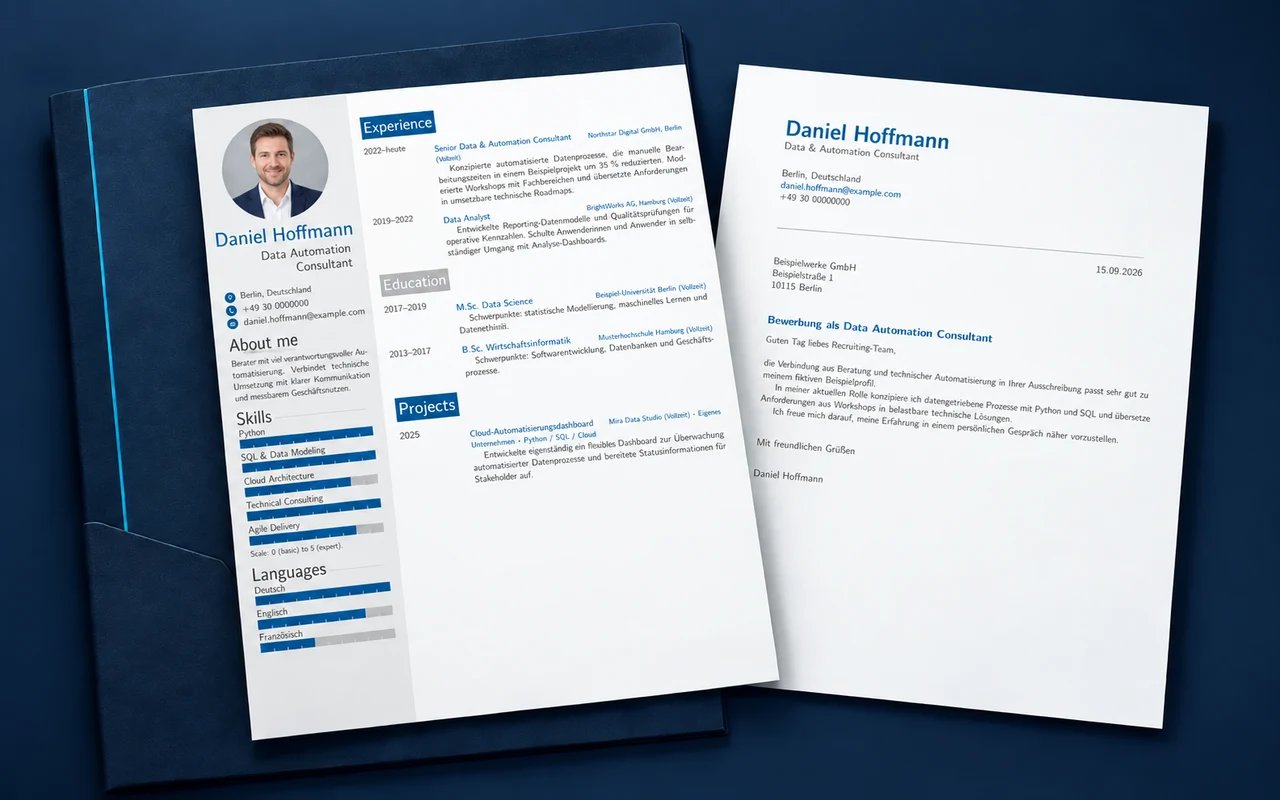 Application portfolio displaying a generated CV and cover letter for the fictional applicant Daniel Hoffmann